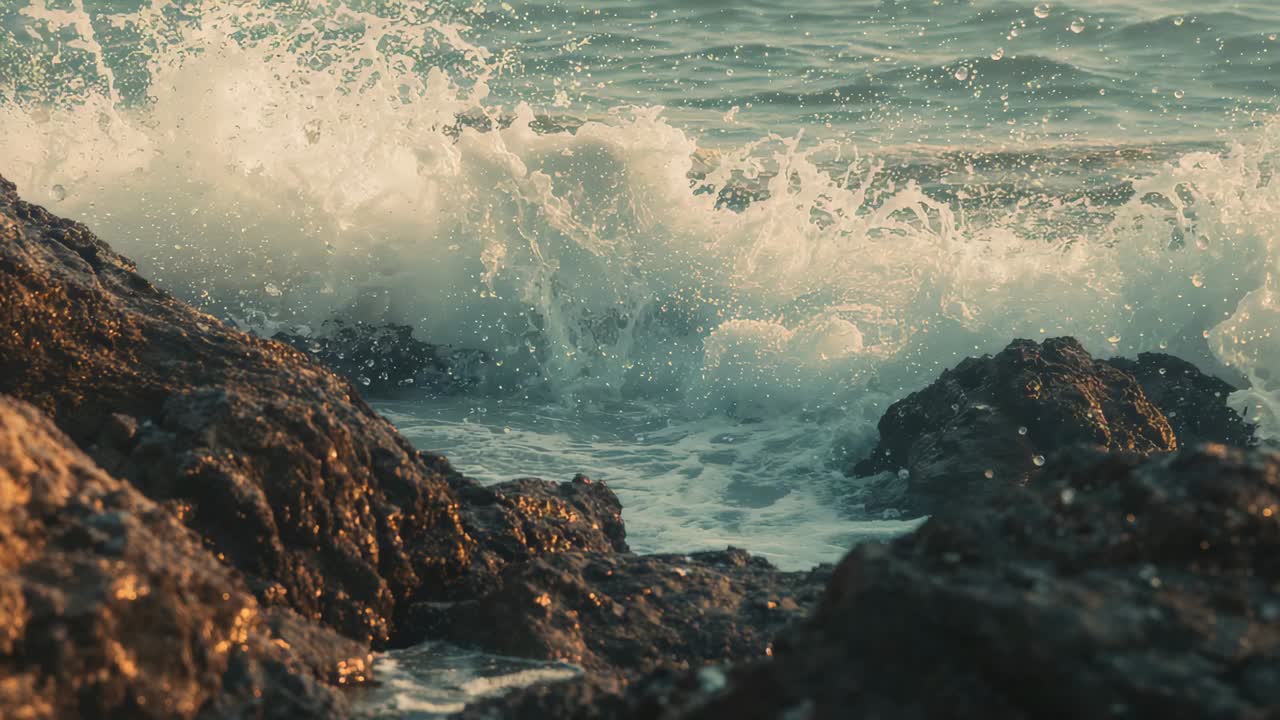 Swell pushing ocean waves crashing onto jagged rocky inlet in warm sunlight, with sea foam swirling