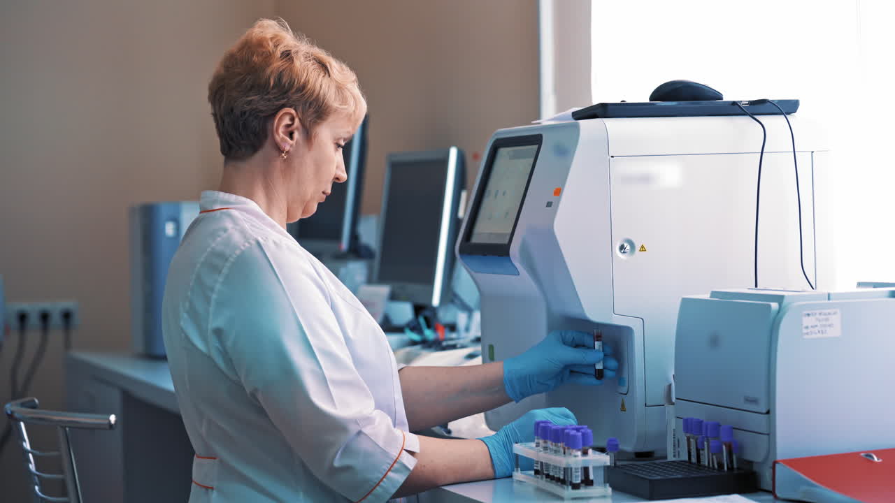 Professional laboratory technician is holding a vial near the automated medical machine. Woman scientist is working in a modern pharmaceutical laboratory.