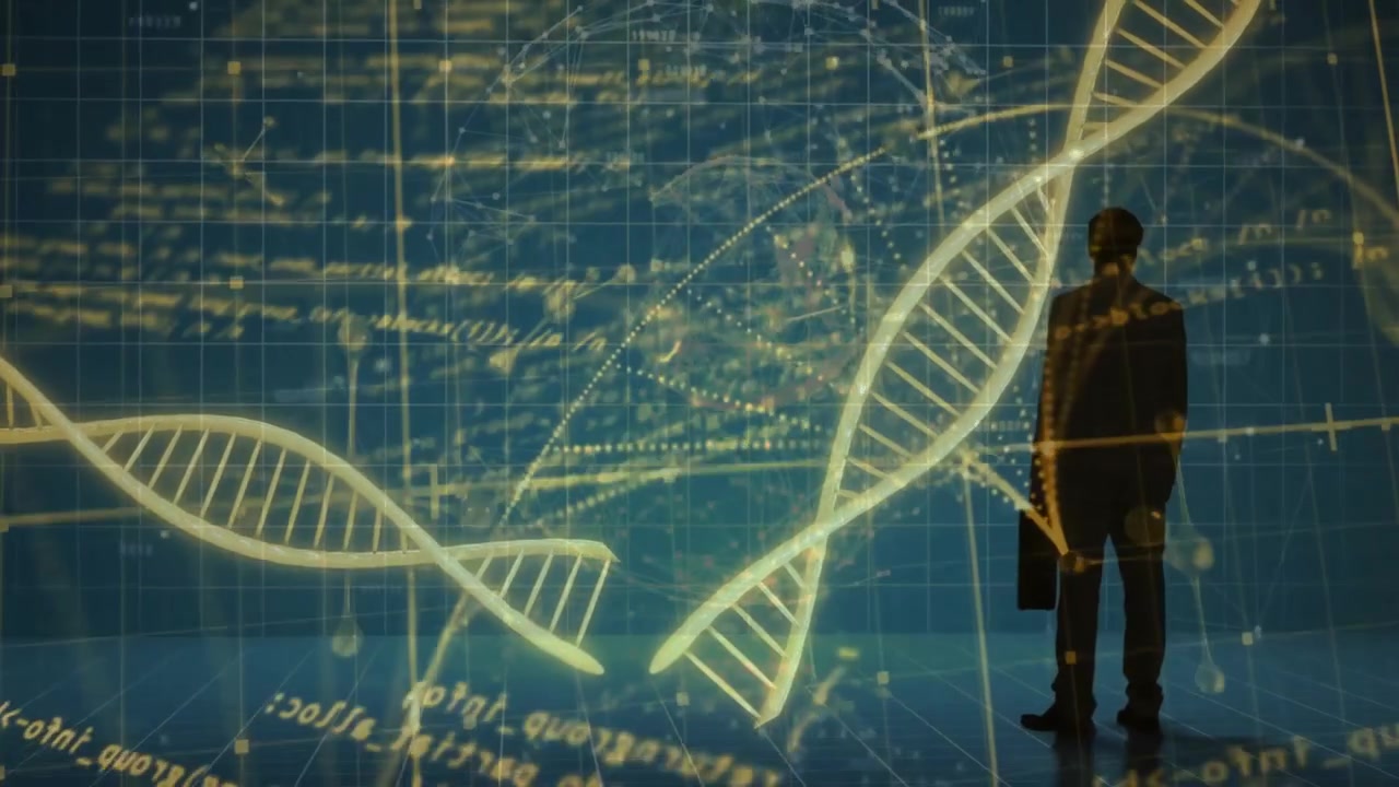 Suited man stepping into digital grid and activating pulsating DNA helix for biotech data analysis