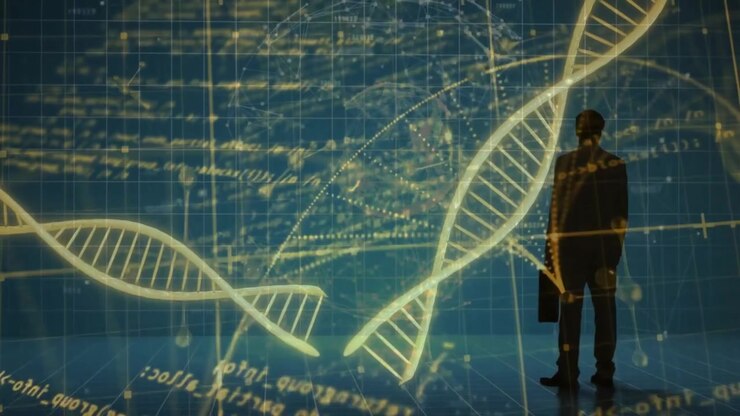 Uomo in abito che entra in una griglia digitale e attiva un'elica di DNA pulsante per l'analisi di dati biotecnologici.