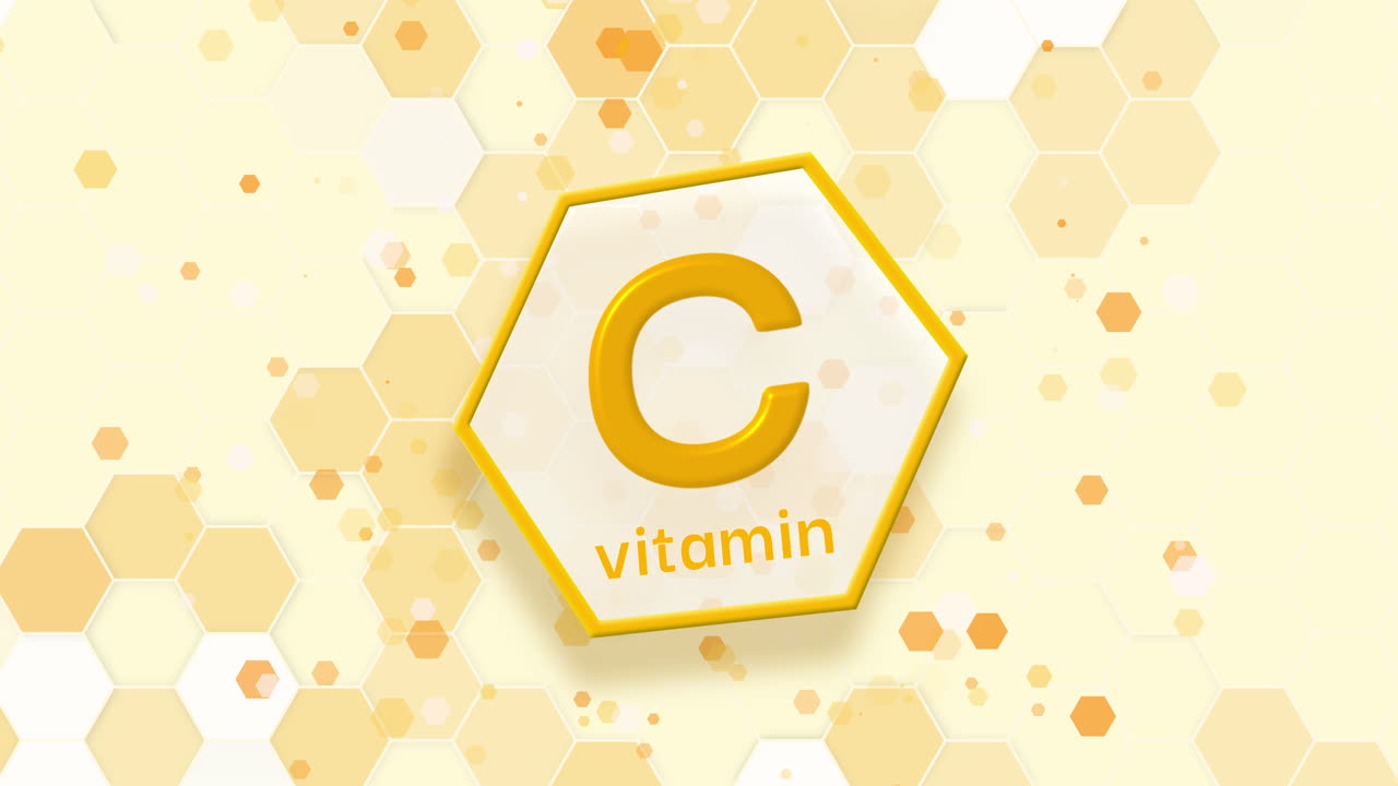 Hexagon shape vitamin C logo with medical style background, orange color badge nutrition and supplement. Loop animation.