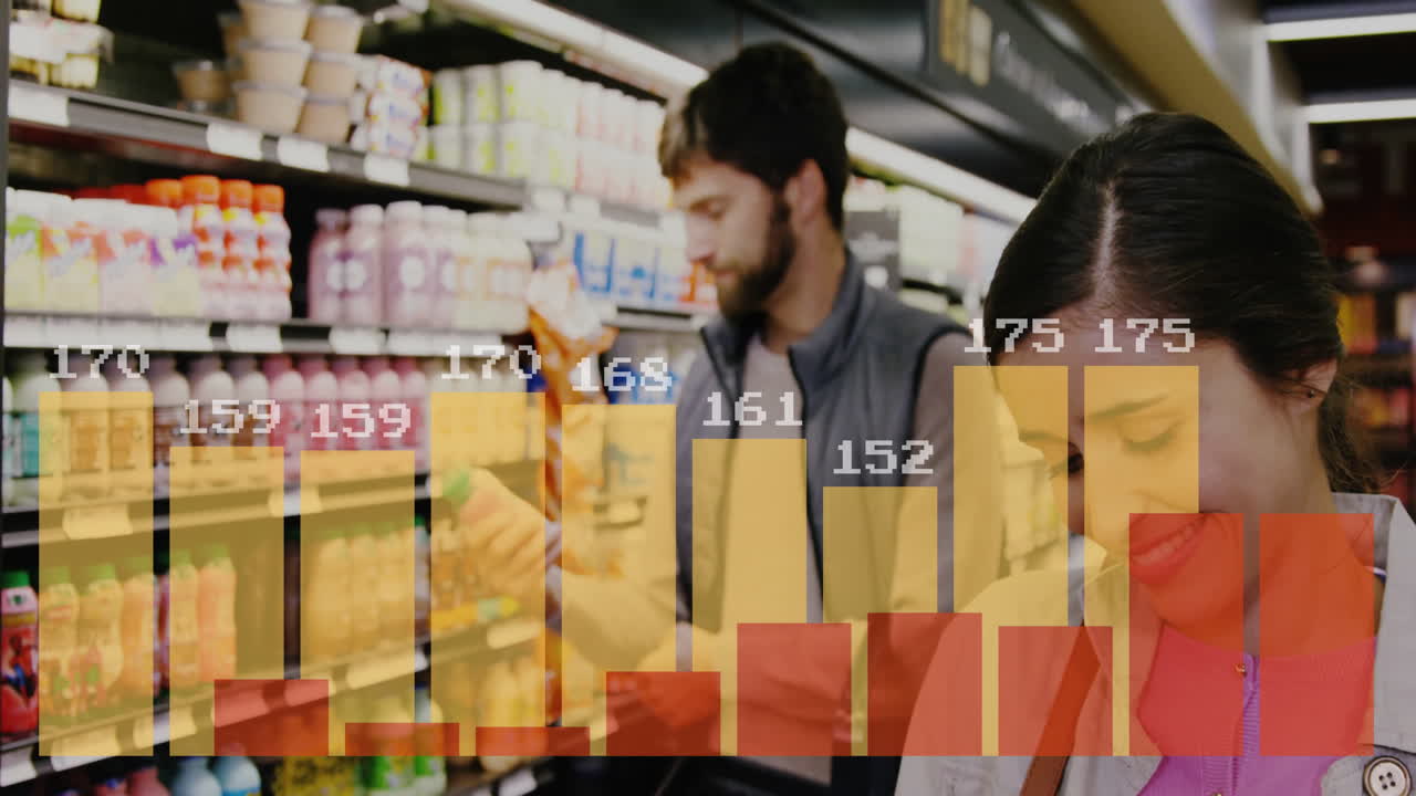 People shopping in grocery store with bar graph animation overlay