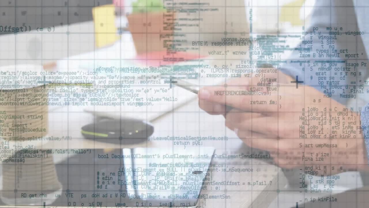 Data processing over grid lines against mid section of man using smartphone