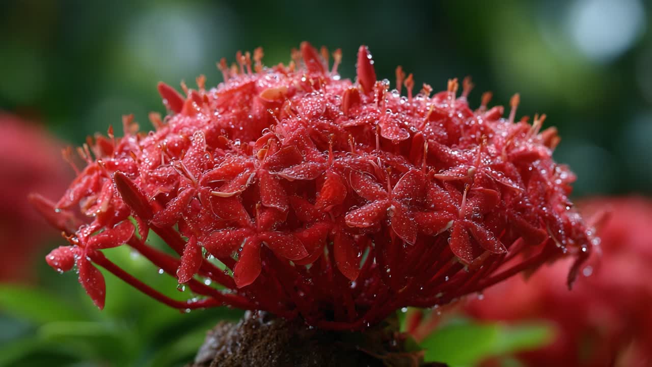 A Captivating Close-Up of Vibrant Red Blossoms Adorned with Dewdrops, Showcasing Nature's Intricate Beauty and Freshness in a Lush Green Background