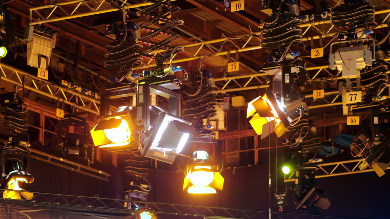 Flashing studio lights equipment on the ceiling of a TV set