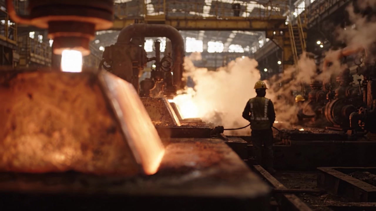 Molten Metal Pouring in Industrial Foundry: Process of Pouring Liquid Metal into Molds Amidst Smoke and Heat in a Heavy Manufacturing Environment