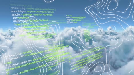 animation of digital abstract patterns with programming language against cloudscape