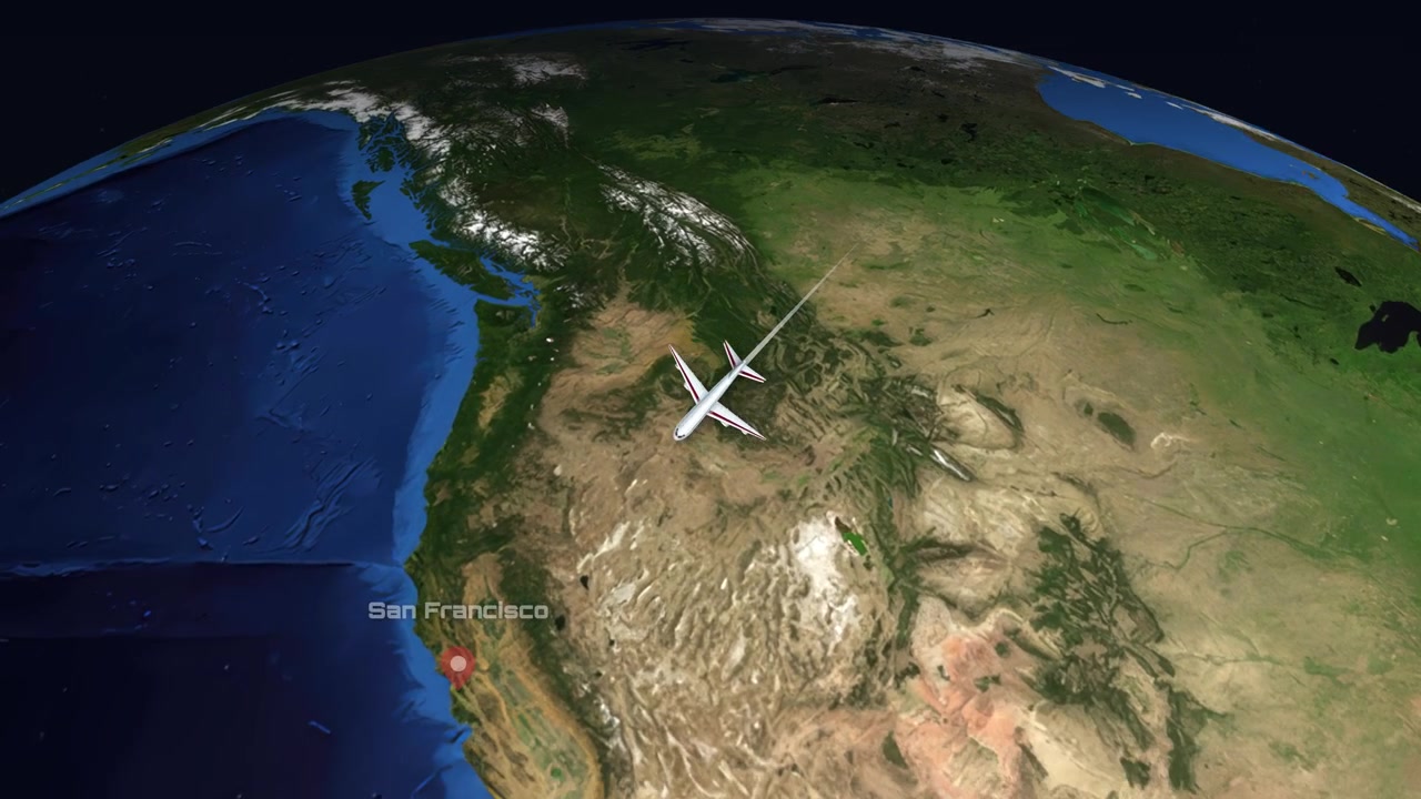 A 3D globe animation tracks a commercial airplane flying from Europe to North America