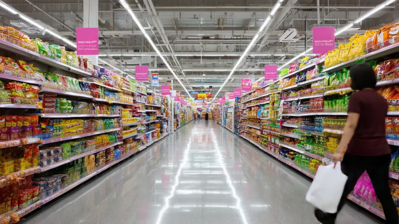 A Busy Supermarket Aisle Featuring Colorful Shelving Filled with Various Groceries and In-Store Signage, Capturing the Essence of Modern Retail Shopping Experiences