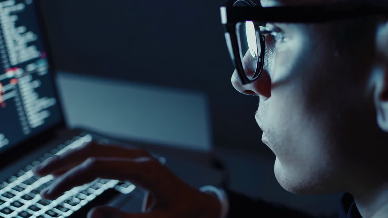 persona que trabaja en una computadora portátil por la noche