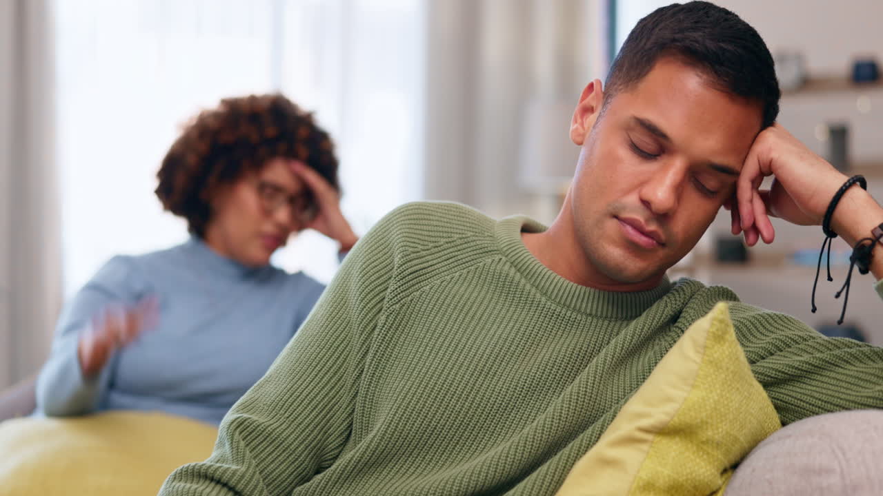 Sad man, fight and problem of couple in divorce