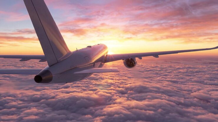 Vue imprenable sur le coucher de soleil depuis l'aile d'un avion au-dessus de magnifiques nuages : Un voyage serein à travers le ciel qui met en lumière la merveille de l'aviation et la beauté de la nature.
