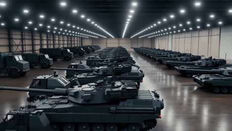 large hangar filled with rows of military tanks and armored vehicles