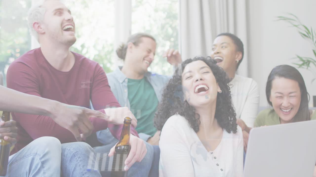 Friends holding beer bottles watching laptop screen glitch bars flickering as celebrating tech fun