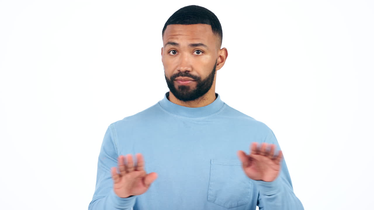 No, face and man in studio with stop