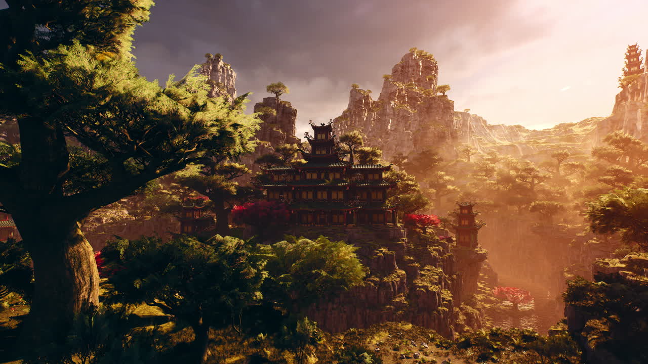A serene asian temple nestled in majestic mountain landscape at sunset