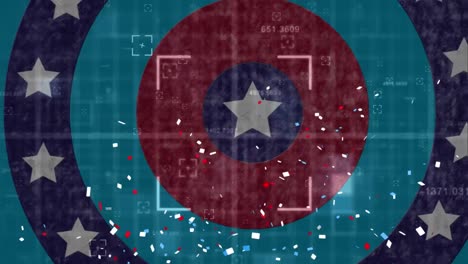 Confetti-falling-over-scope-scanning-against-stars-on-spinning-circles-on-blue-background