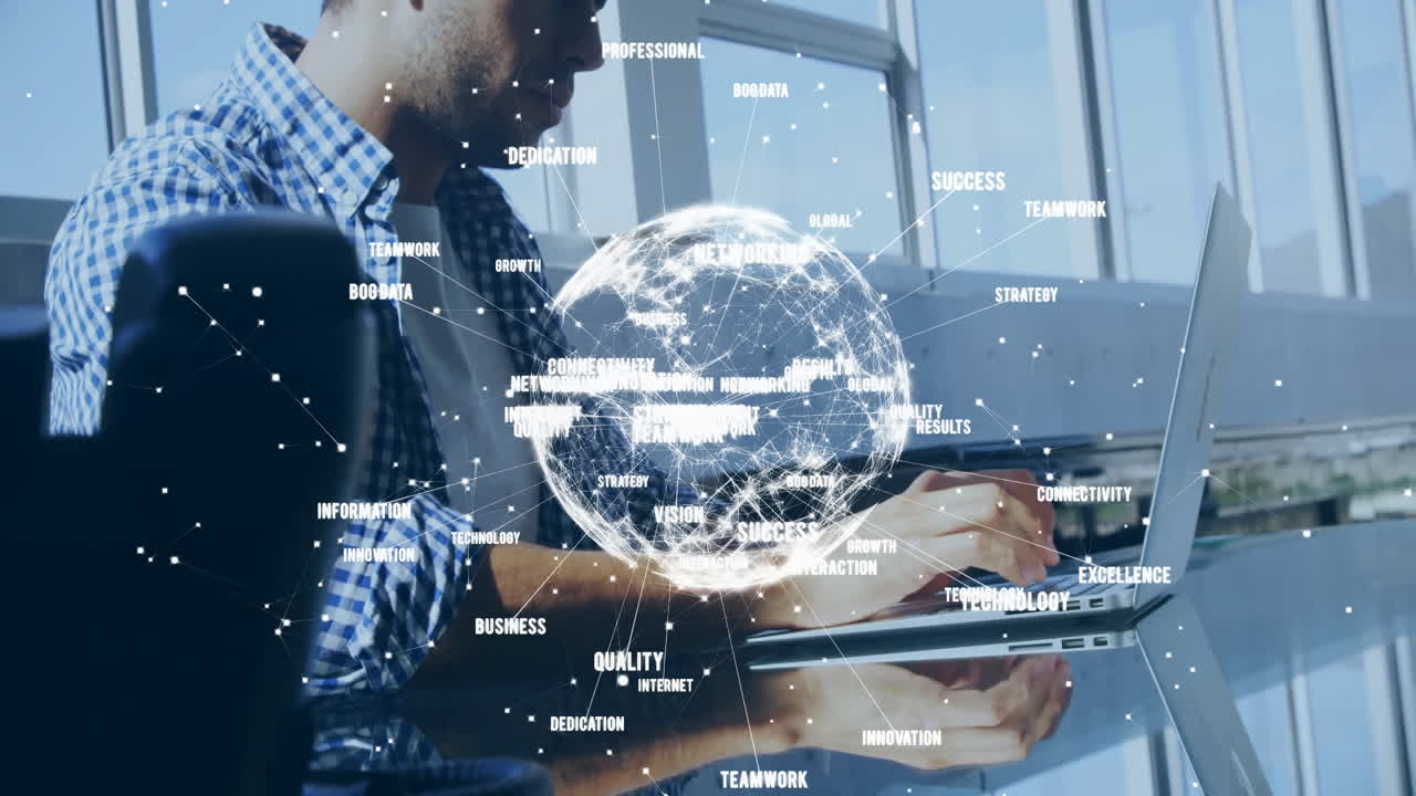 animación de la red de conexiones y el globo sobre el hombre caucásico usando portátil