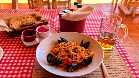 delicious seafood pasta with beer