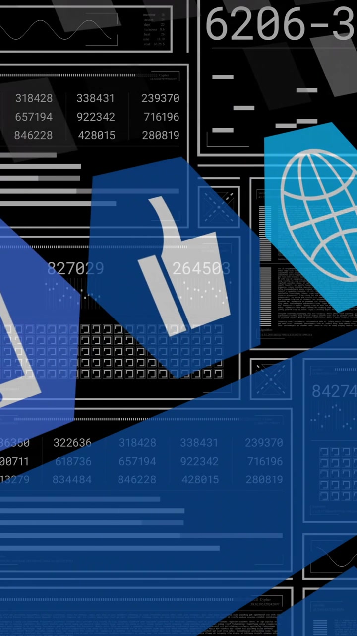 Animation of digital icons and data processing over dark background