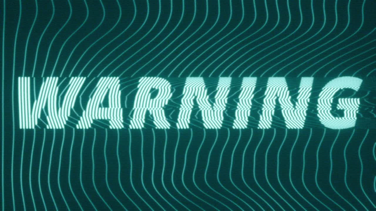 Animated warning concept featuring glitching Warning text over a dark blue background with flowing neon wave lines and subtle digital distortion