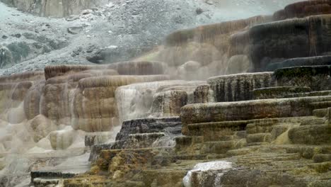 mammoth hot springs parque nacional yellowstone panorámica lenta hacia arriba para revelar las espectaculares terrazas de piedra caliza