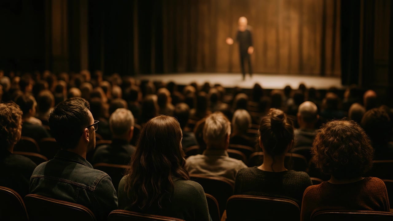 Pubblico che osserva un oratore sul palco in un teatro buio