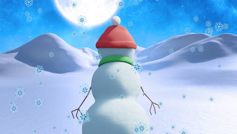 animation of snow falling over winter scenery with moving snowman