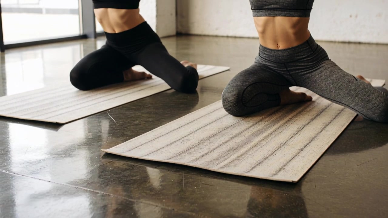 Donna a destra che esegue uno stretching con affondo laterale, partendo da una posizione inginocchiata, in uno studio fitness con tappetini a strisce e sfondo grigio.