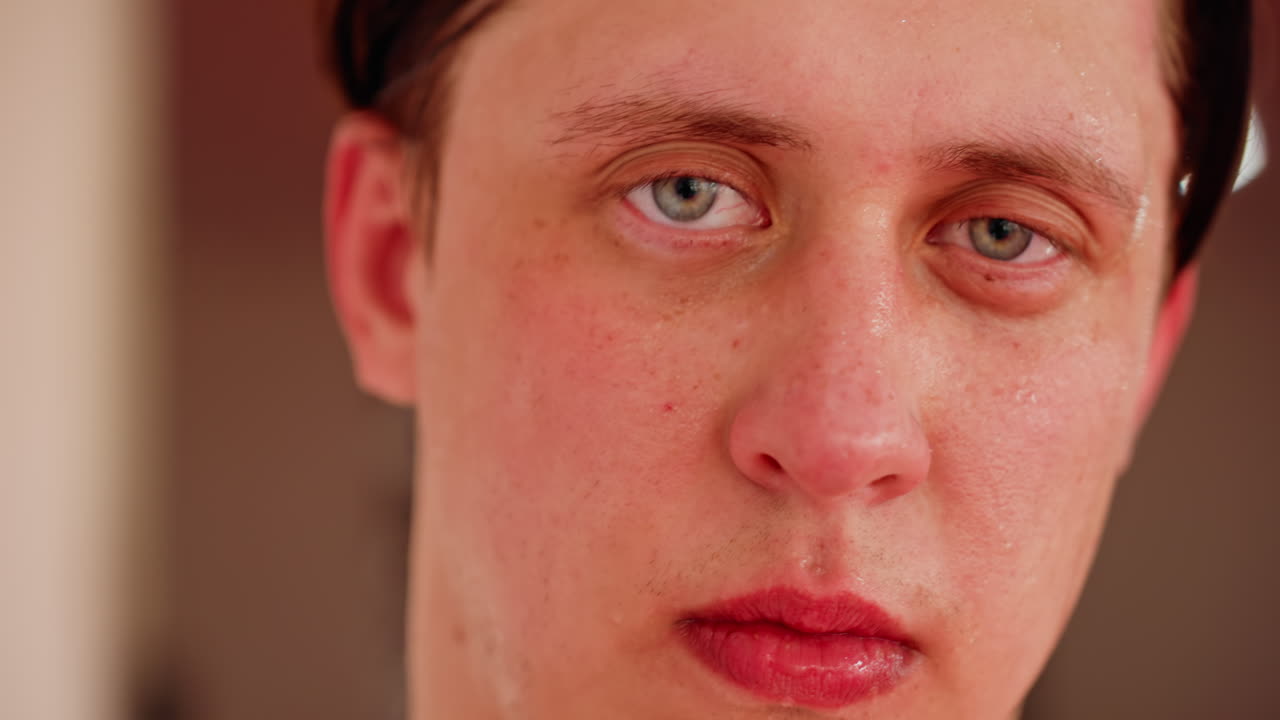 Close up face of young man after workout with sweat on skin, intense breathing visible on lips, showing exhaustion, determination and physical effort during training in fitness or sports environment