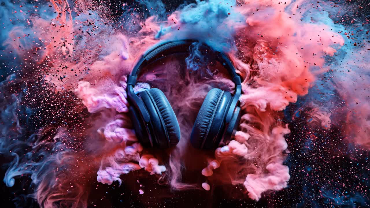 A pair of headphones is surrounded by a cloud of colorful smoke. The headphones are blue and red, and the smoke is pink and purple. Concept of energy and excitement