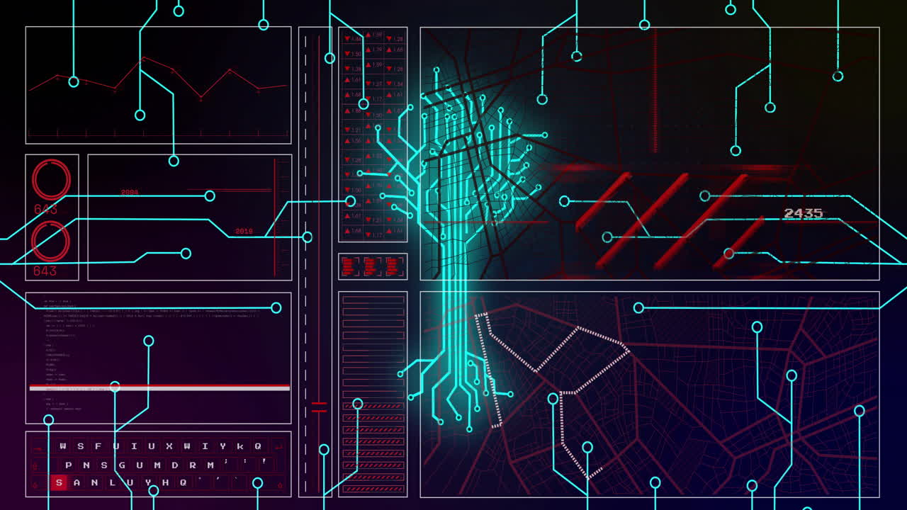Animation of futuristic digital interface with circuit tree and neon data graphs