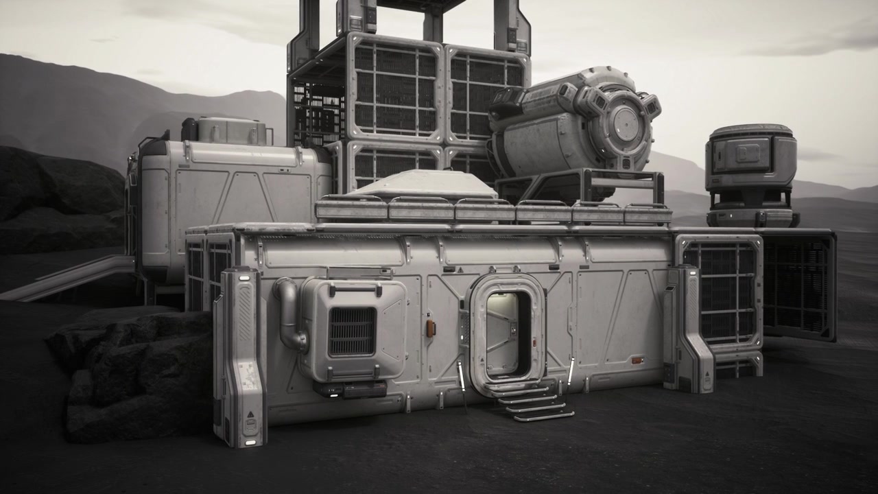 Spacecraft features modular units and rocky background silhouette