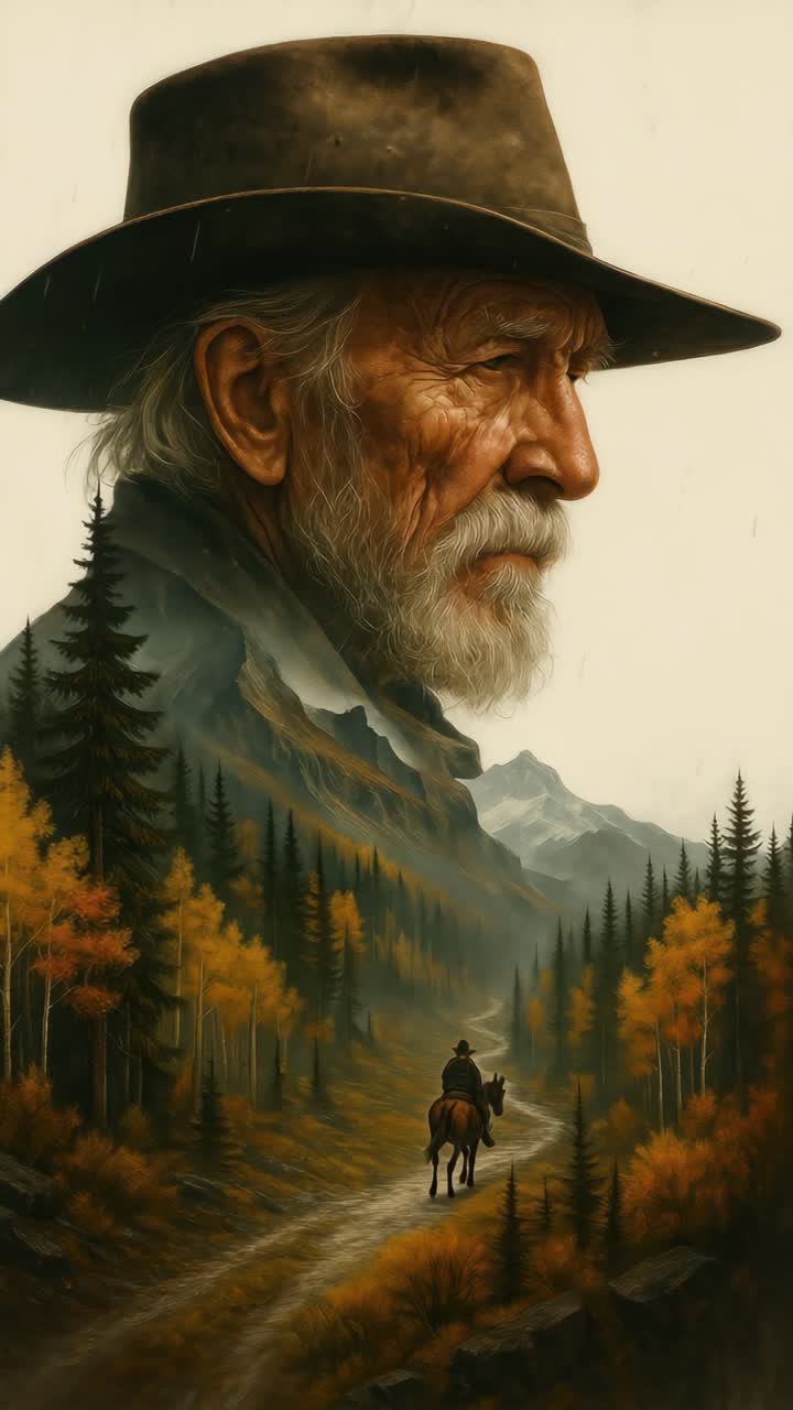 A dramatic video concept with a close-up of an elderly man's face blended with a scenic mountain