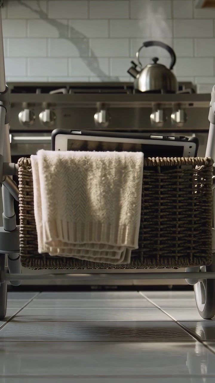 Vertical video: Pulling back camera basket with cream towel and tablet showing kettle in kitchen