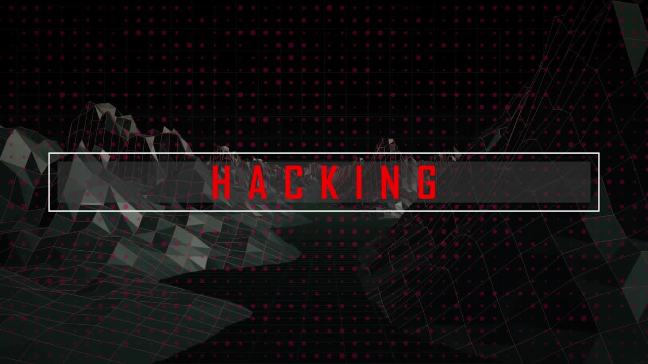 Hacking animation with text over digital grid and dots pattern background