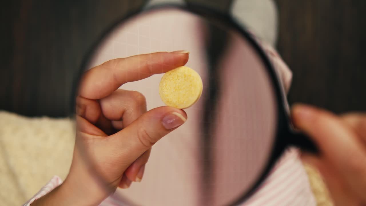 여성이 확대 유리 에서 약을 검사하고 있습니다.