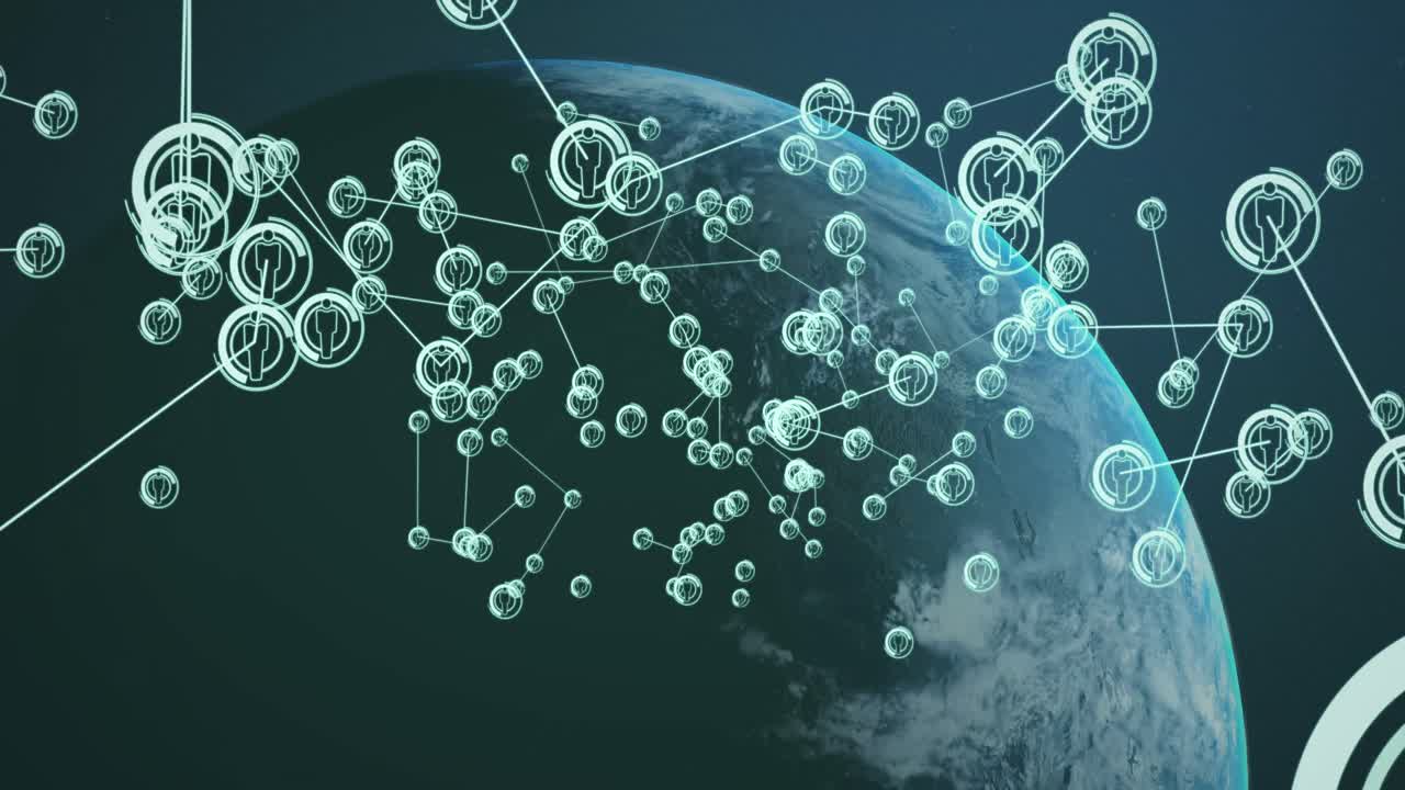 검은 바탕에 전 세계에 있는 아이콘으로 연결된 네트워크의 애니메이션