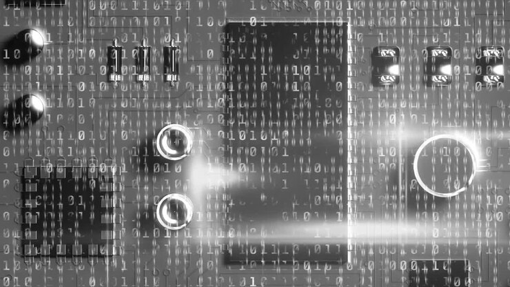 Animation of binary coding data processing over computer board in background