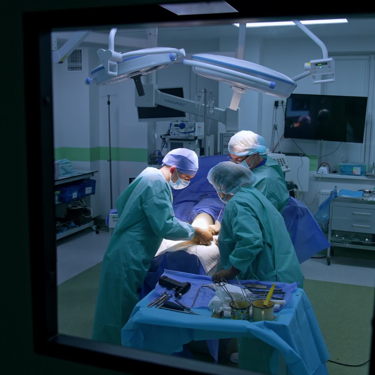 Main surgeon uses device with long metal needle at operation. Surgery on foot shot through the windows in the door to a surgery room