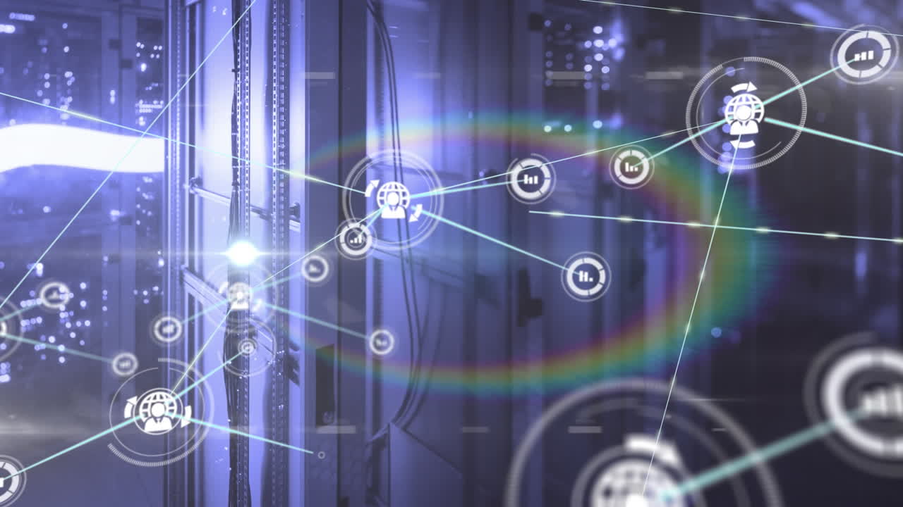 Animation of connected profile icons over illuminated server room