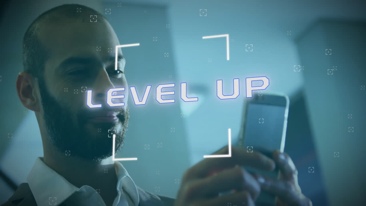 Animation of level up text and data processing over biracial businessman using smartphone
