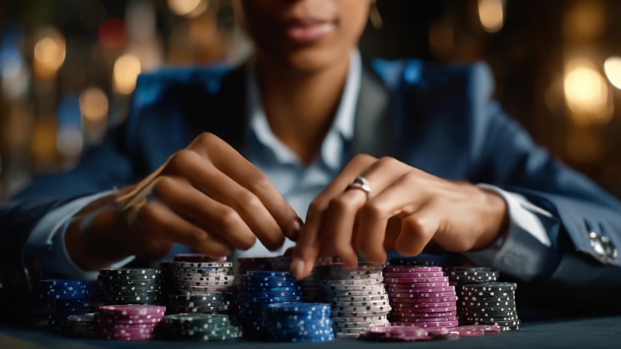 Jetons de poker empilés avec expertise : un joueur concentré prêt à s'engager dans un jeu stratégique, démontrant concentration et habileté à chaque mouvement à la table de casino