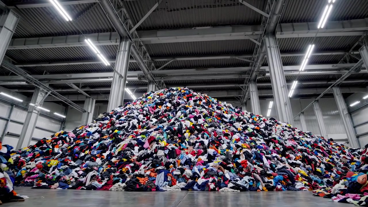 Massive Heap of Colorful Used Clothes in an Industrial Warehouse