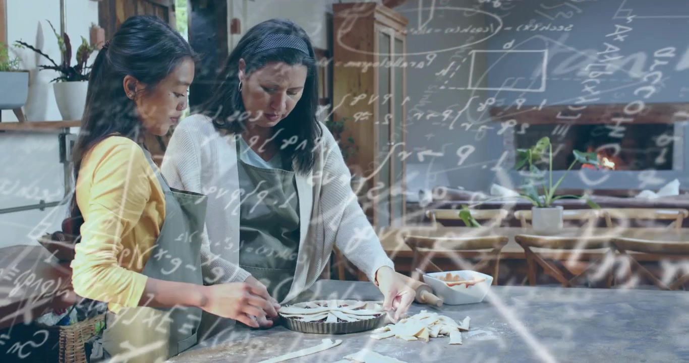 Mother pointing, daughter cutting dough in cooking, weaving lattice as diagrams showing precision