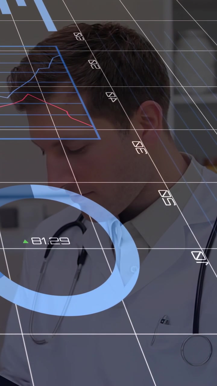 Video verticale: Un medico solleva un tablet e rivede dati medici, mentre grafici si sovrappongono alla schermata.