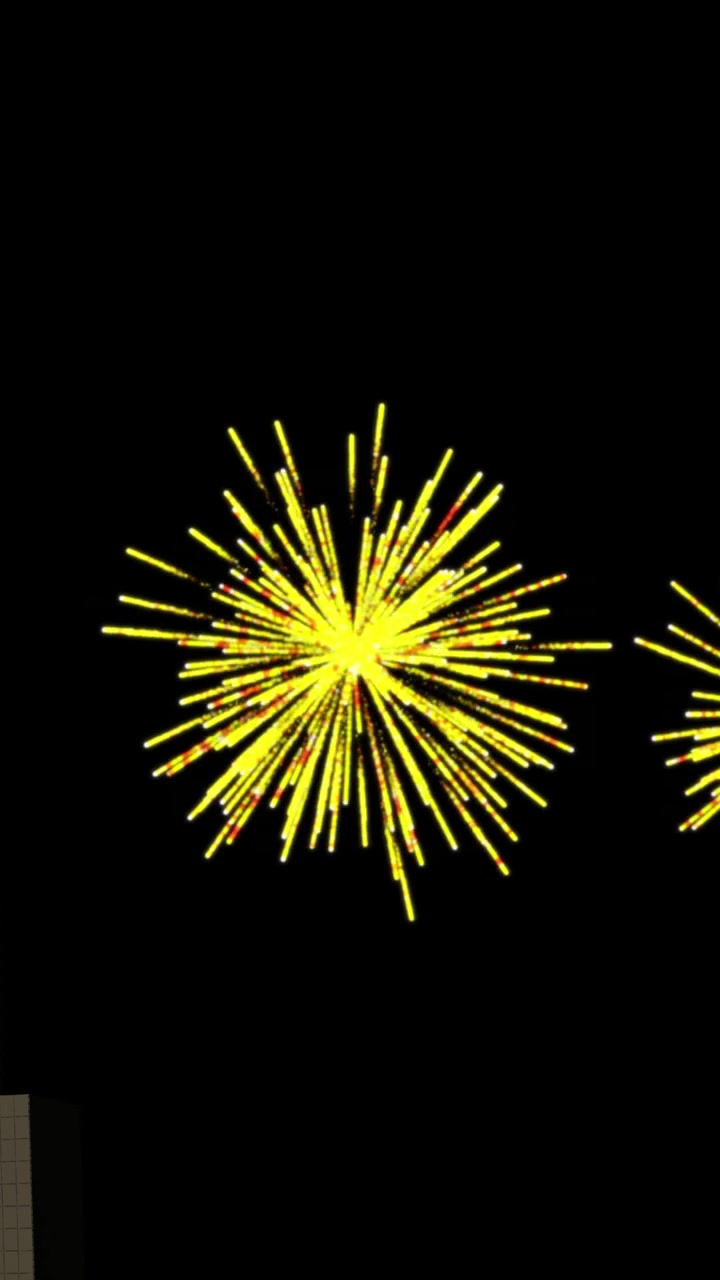 Animazione di fuochi d'artificio gialli di Natale e Capodanno nel cielo notturno su un paesaggio urbano