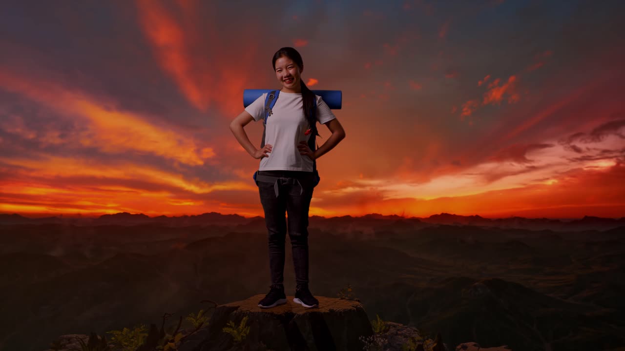 mujer feliz excursionista en la cima de la montaña al atardecer