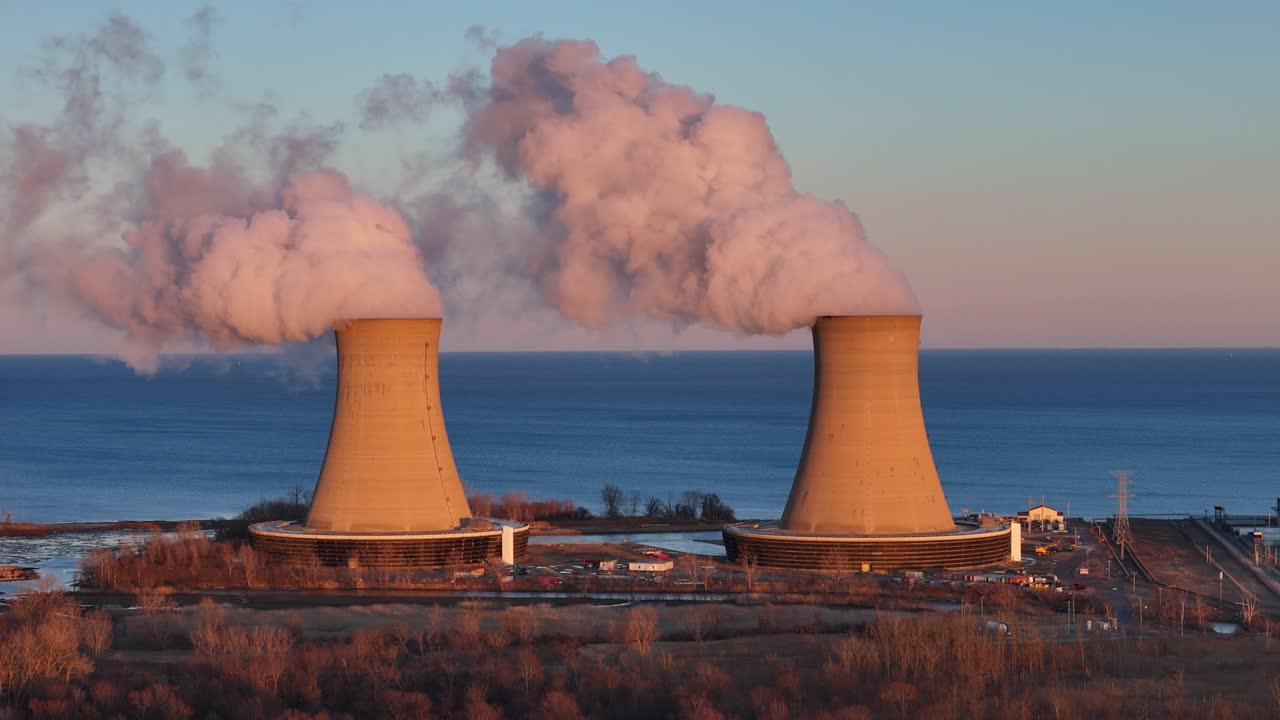 Steam from Enrico Fermi II nuclear power plant cooling towers at sunset, Berlin Township, Michigan, USA