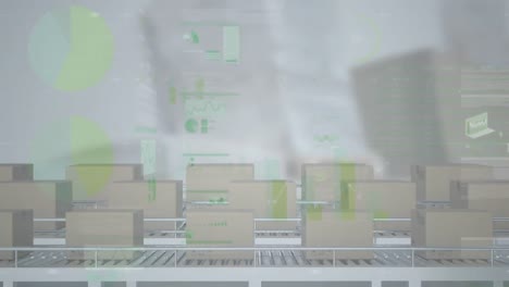 animation of statistics processing over cardboard boxes on conveyor belts in warehouse